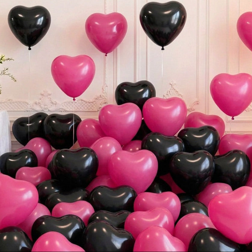 Globos Corazón de Látex Negro y Fucsia 25 cm 50 uds