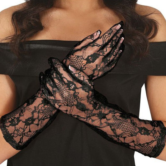 Guantes Largos de Blonda Negra 38 cm – Disfraz Viuda y Halloween