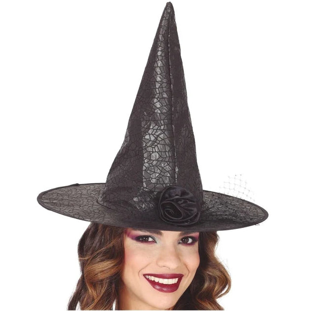 Sombrero de bruja negro con flor para Halloween