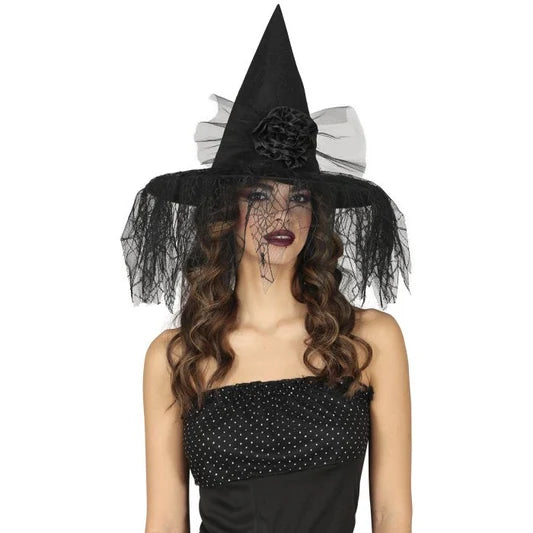 Sombrero de bruja con flor y velo para Halloween - imagen 2