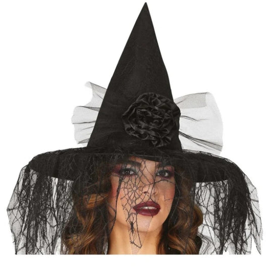 Sombrero de bruja con flor y velo para Halloween