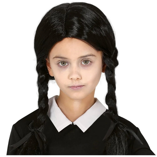 Peluca Negra con 2 Trenzas para Halloween