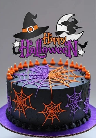 Adorno para tarta de Halloween naranja y morado con purpurina