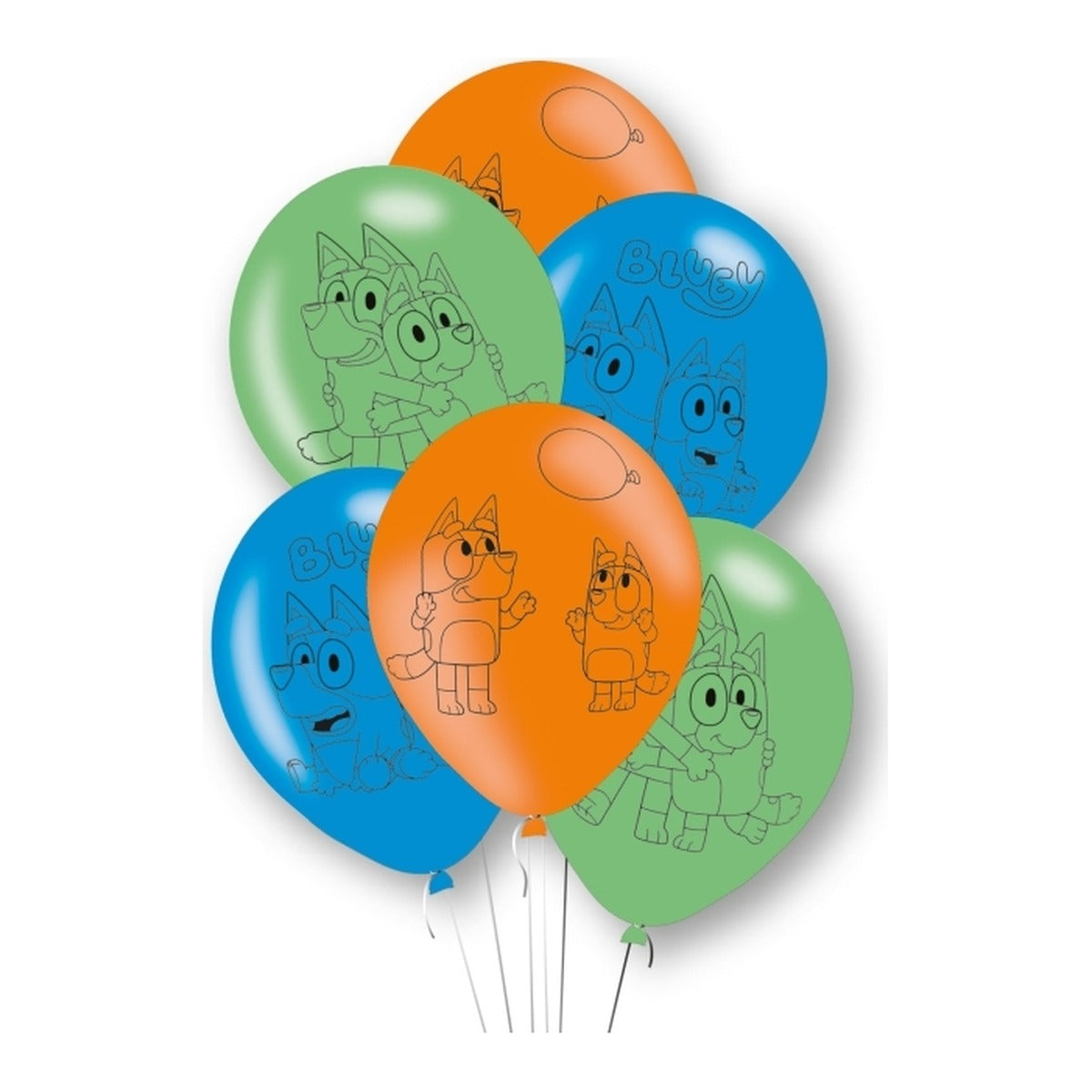 Globos Látex Bluey 27,5 cm 6 uds sobre fondo blanco