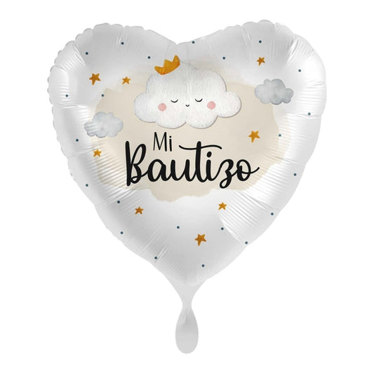 Globo foil Corazón Mi Bautizo Nubes 43 cm sobre fondo blanco