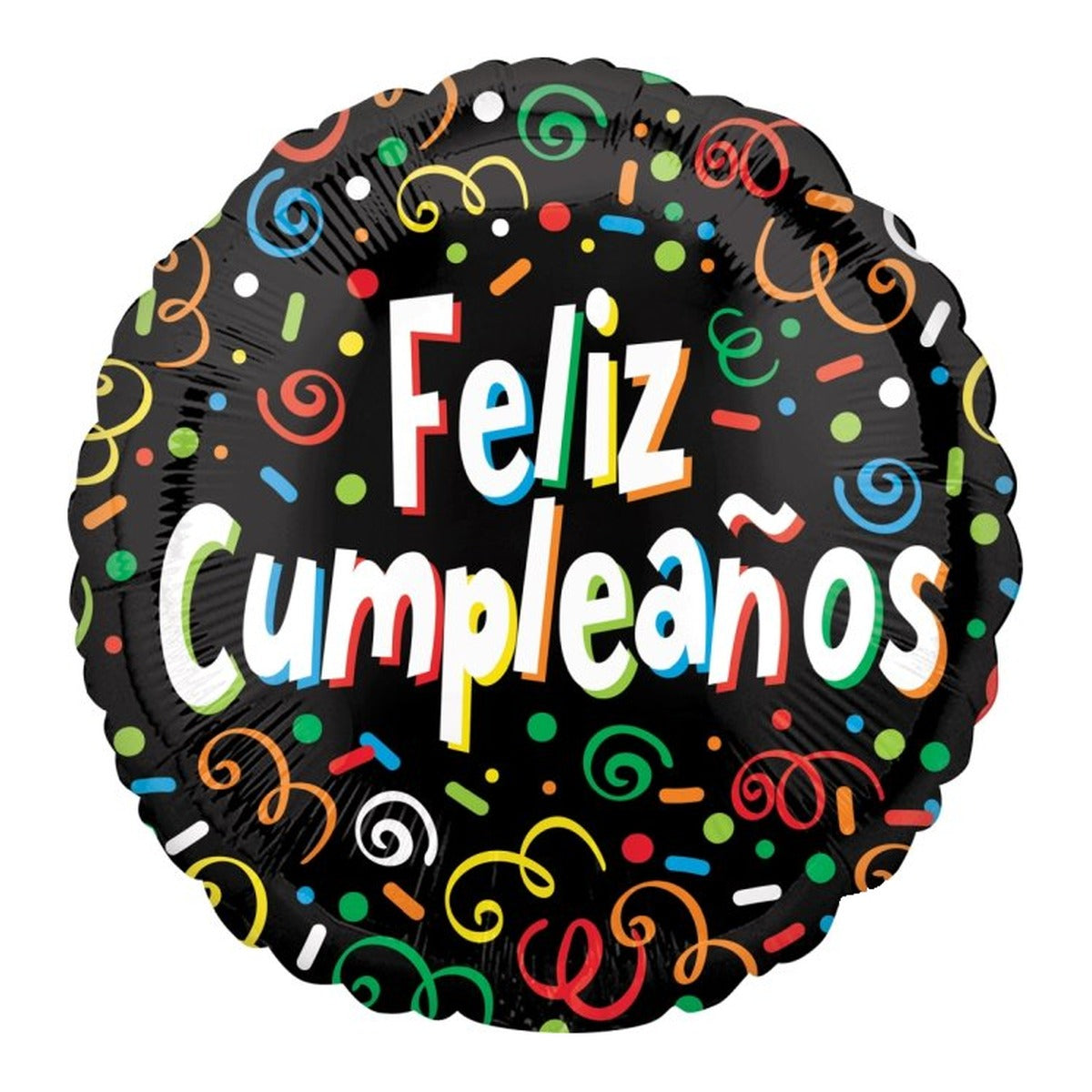 Globo foil Feliz Cumpleaños Serpentinas Negro 45 cm sobre fondo blanco