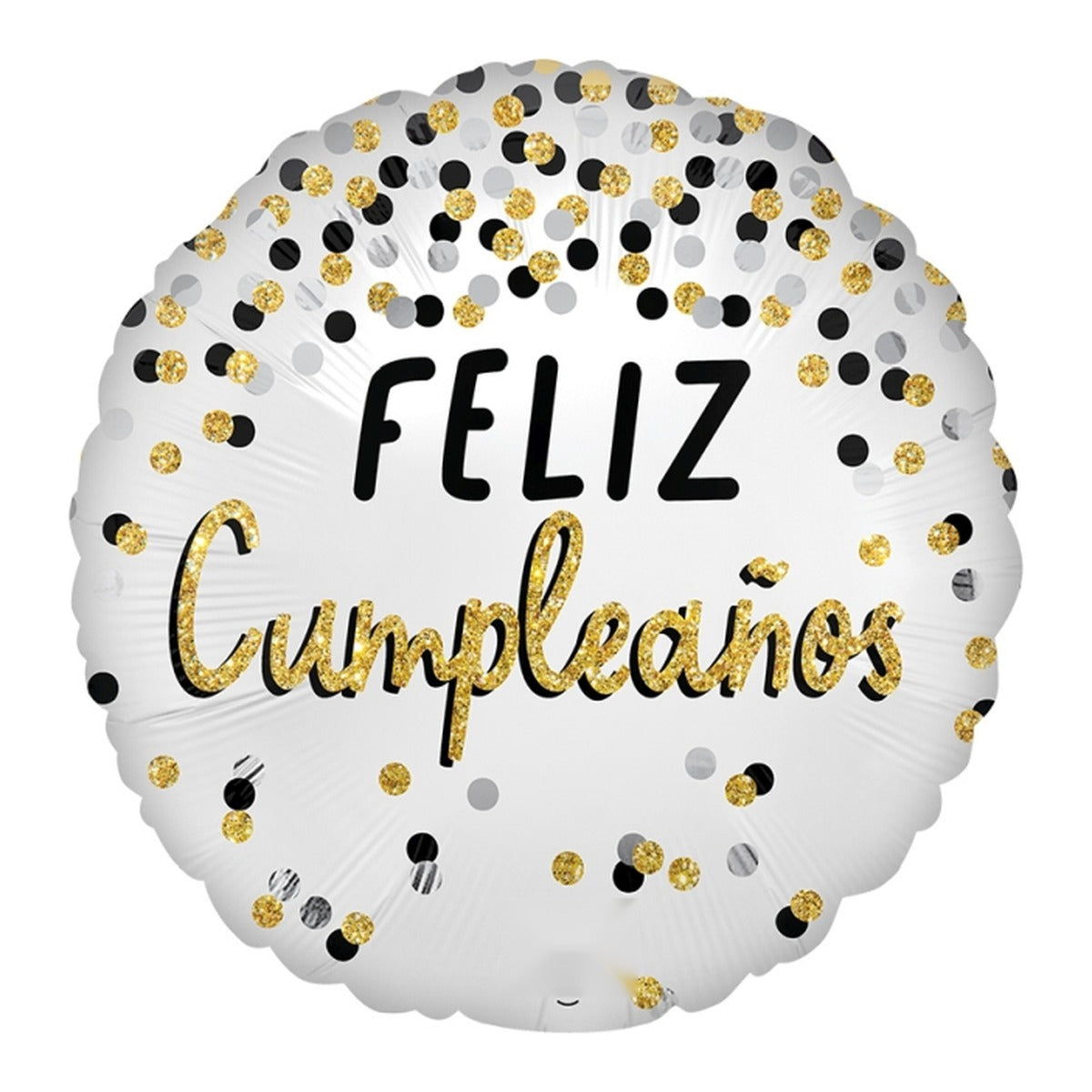 Globo foil Feliz Cumpleaños Confeti Negro y Oro 45 cm sobre fondo blanco