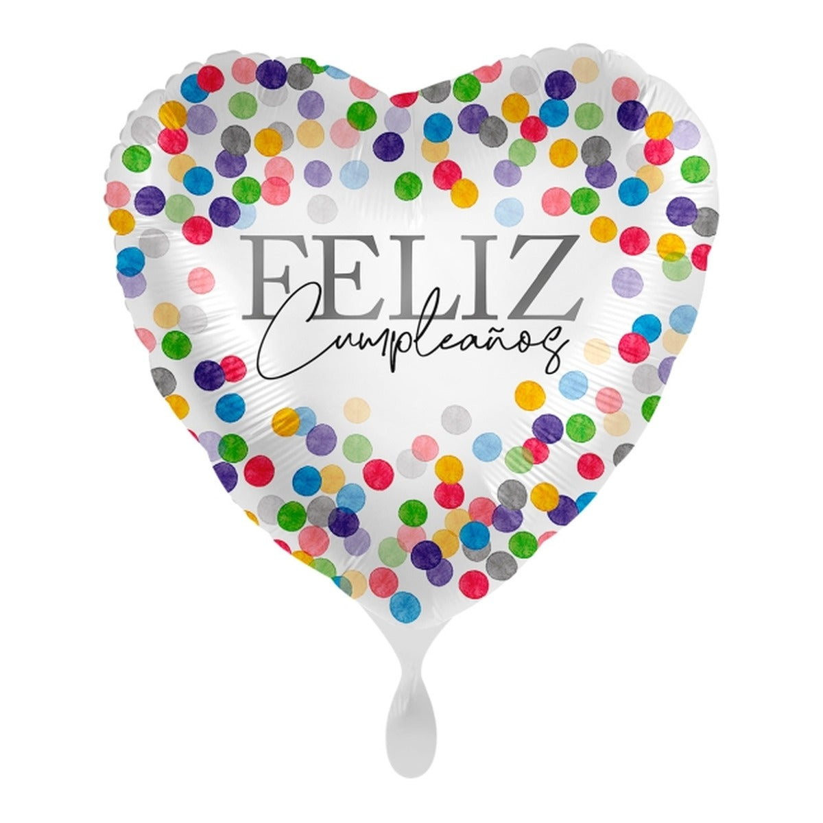 Globo foil Corazón Feliz Cumpleaños Confeti 43 cm sobre fondo blanco