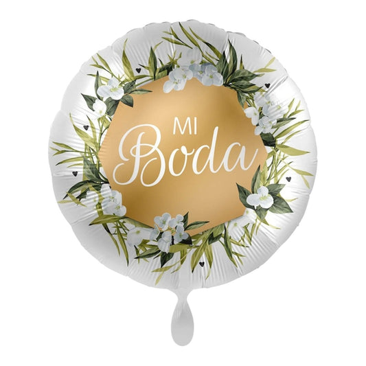 Globo foil Mi Boda Corona de Hojas 43 cm sobre fondo blanco