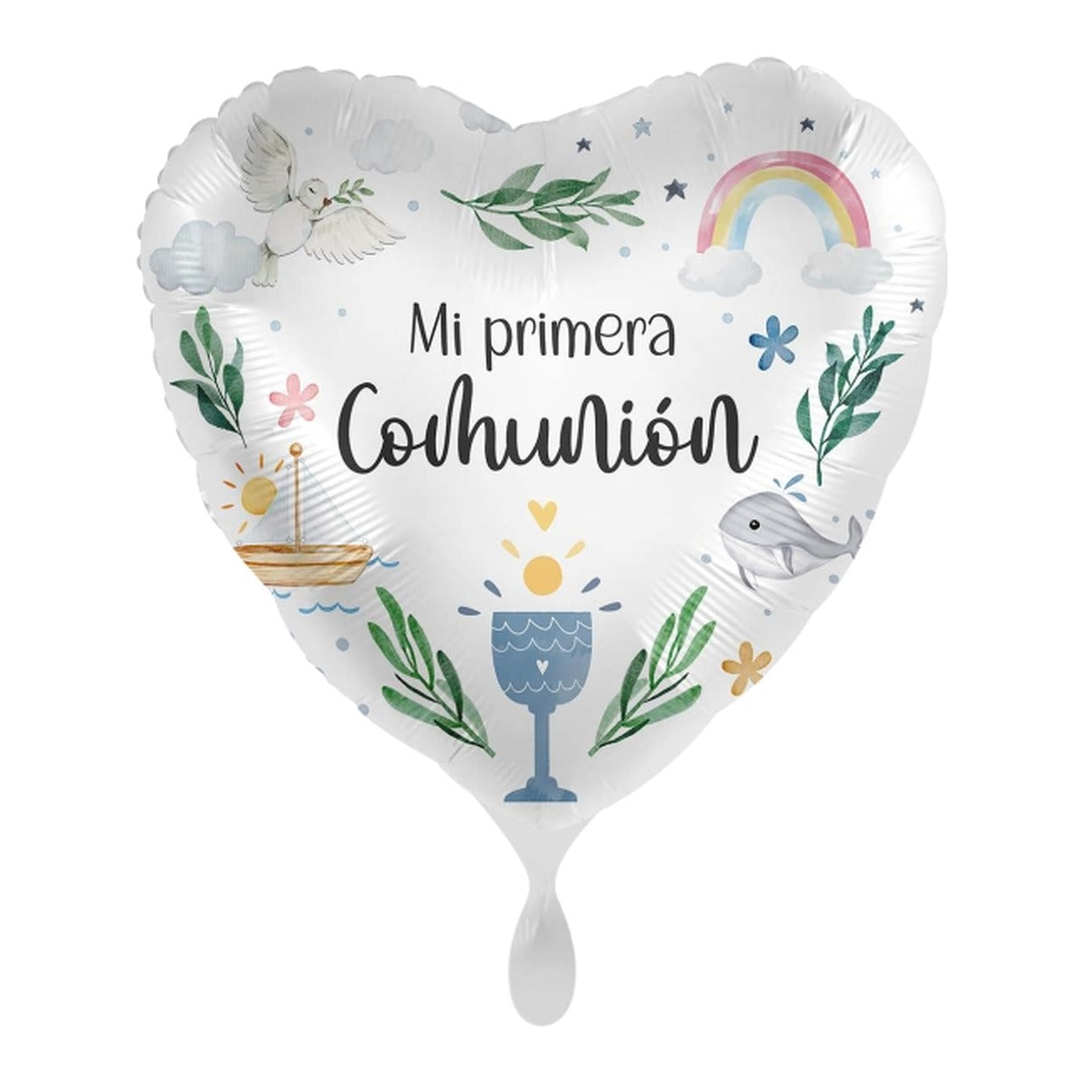Globo foil Corazón Mi Primera Comunión Cáliz 43 cm sobre fondo blanco