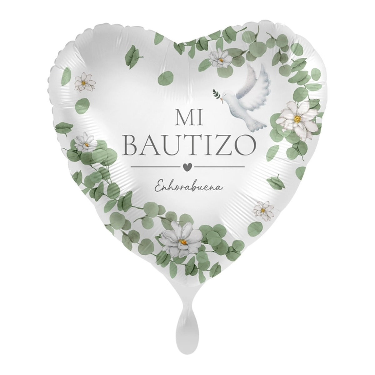 Globo foil Corazón Mi Bautizo Palomas y Eucalipto 43 cm sobre fondo blanco