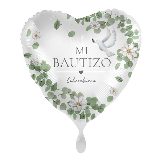 Globo foil Corazón Mi Bautizo Palomas y Eucalipto 43 cm sobre fondo blanco