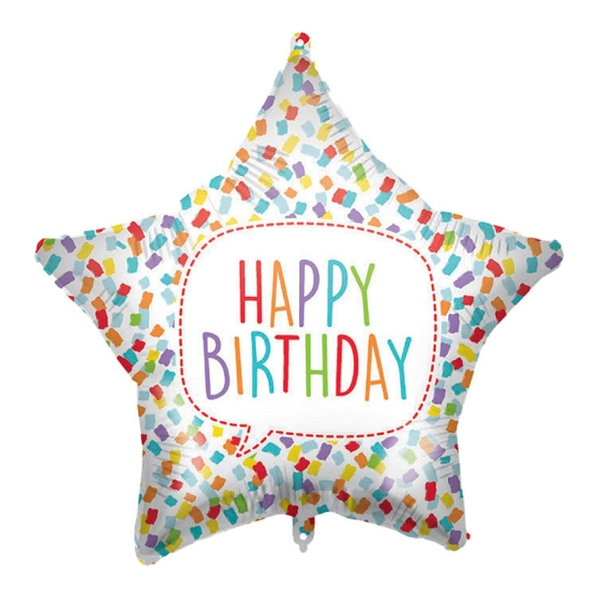 Globo Foil Estrella Happy Birthday Confeti con Cinta y Peso 46 cm sobre fondo blanco