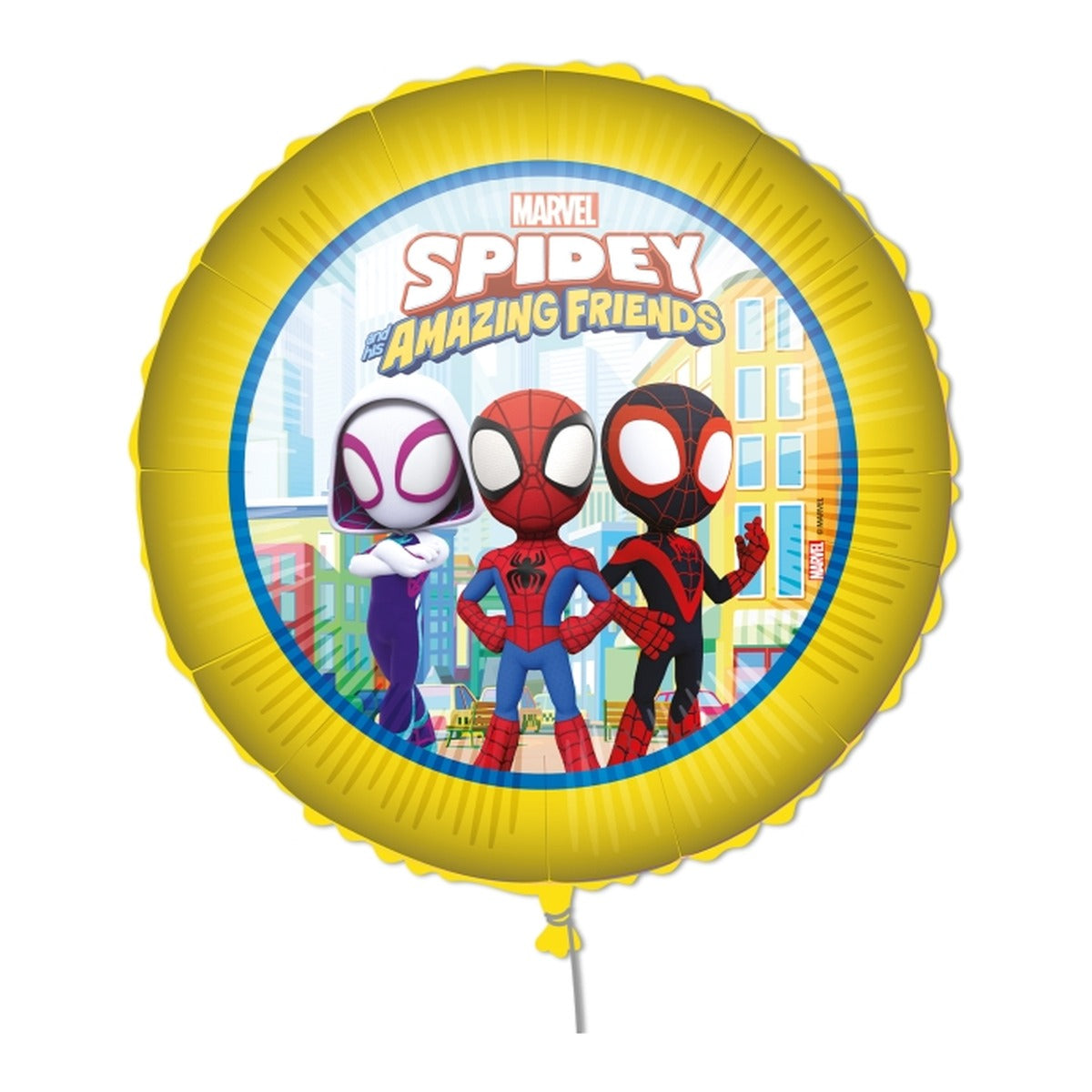 Globo Foil Spidey y sus Amigos con Cinta y Peso 46 cm sobre fondo blanco