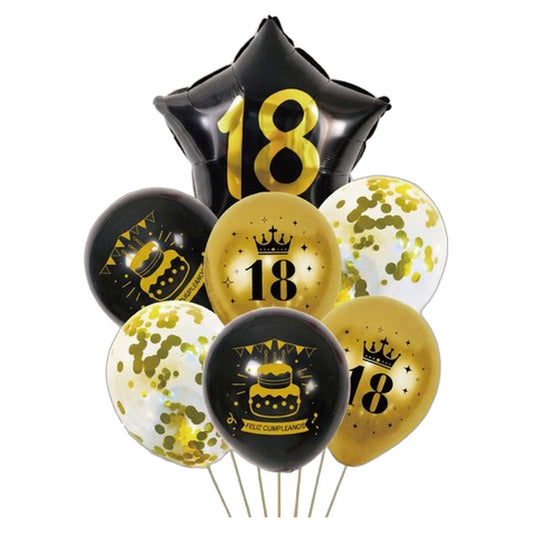 Set de Globos Estrella Feliz Cumpleaños Negro y Oro 18, 30, 40 y 50 Años 7 uds - 18