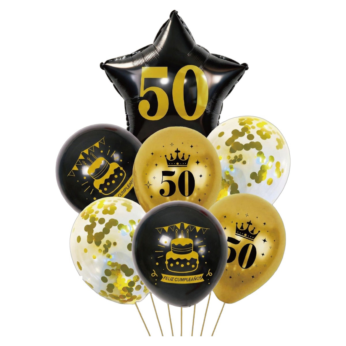 Set de Globos Estrella Feliz Cumpleaños Negro y Oro 18, 30, 40 y 50 Años 7 uds - 50