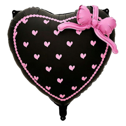Globo Mylar Corazón Negro Mate con Corazones Rosas y Lazo 57 x 88 cm