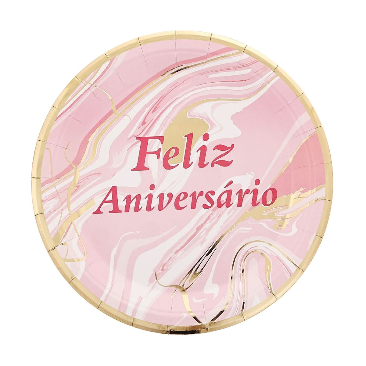 Platos de Cartón Feliz Aniversário Mármol Rosa y Oro 22,5 cm 6 uds