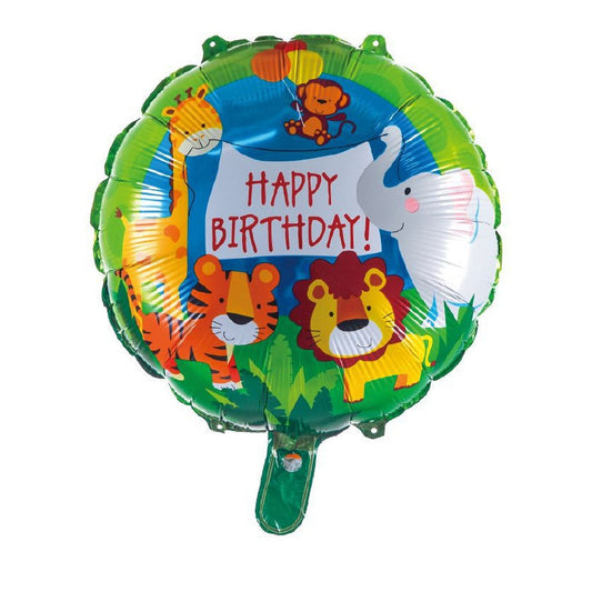 Globo Foil Redondo Happy Birthday Animales de la Selva 45 cm (18")