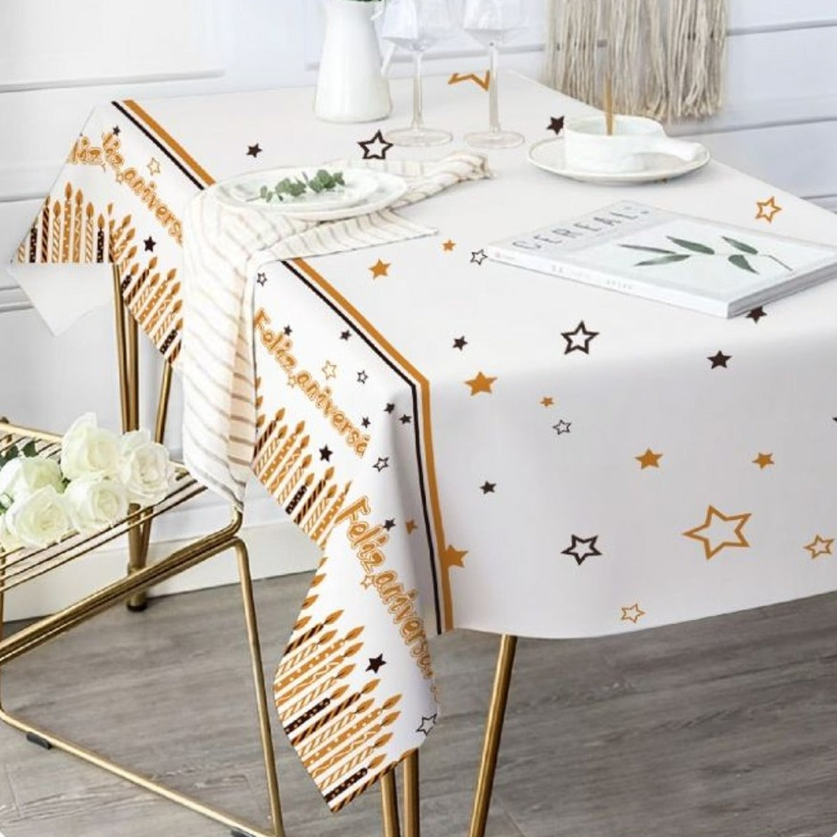 Mantel de Papel Feliz Aniversário Velas y Estrellas 120 x 180 cm