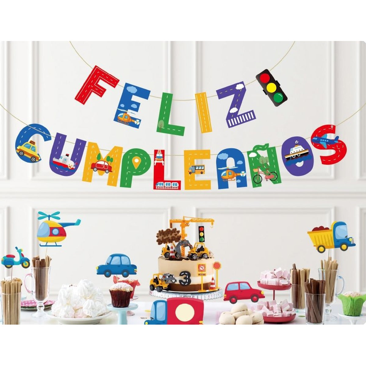 Guirnalda de Papel Feliz Cumpleaños Coches y Tráfico 5 m 16 piezas