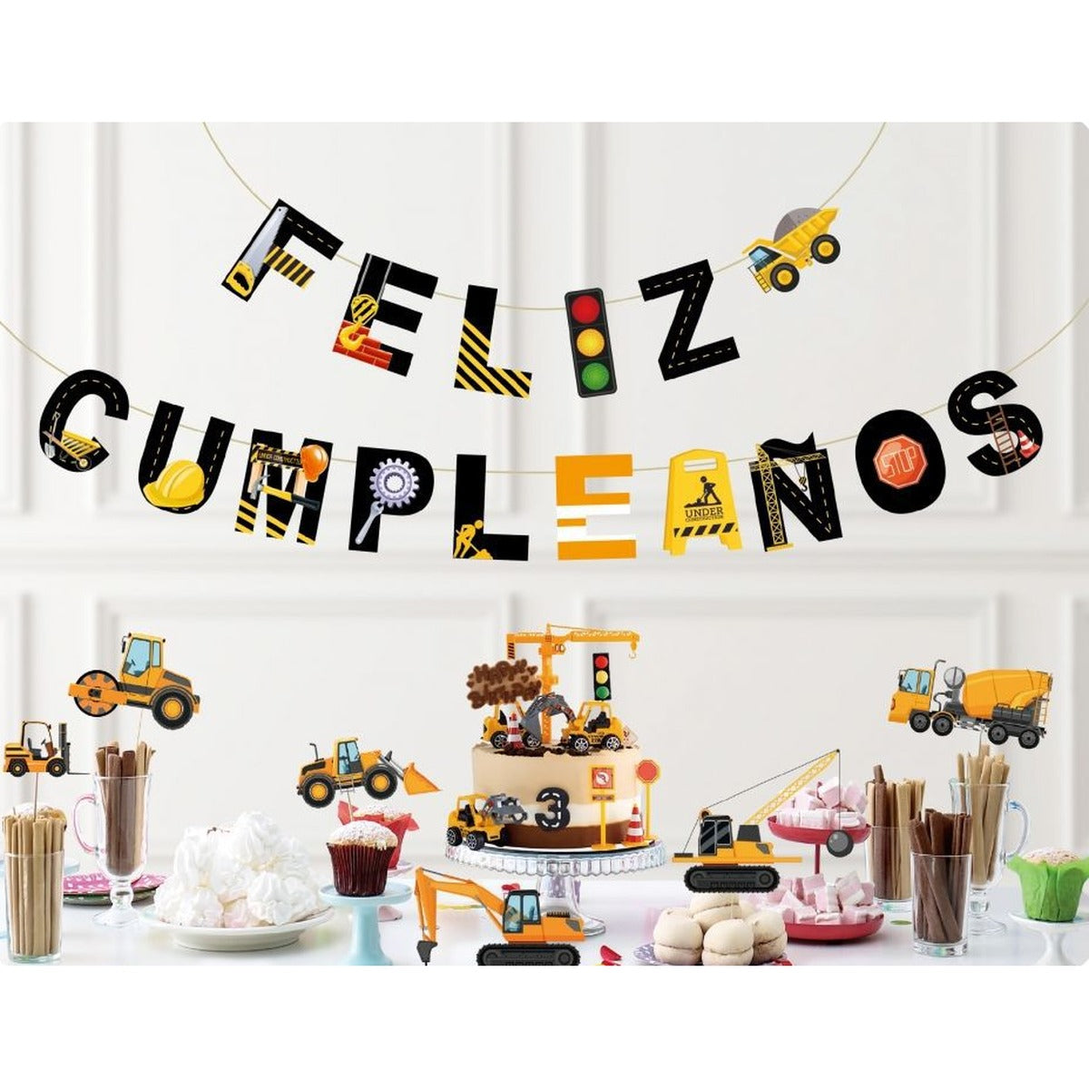 Guirnalda de Papel Feliz Cumpleaños Construcción 5 m 16 piezas