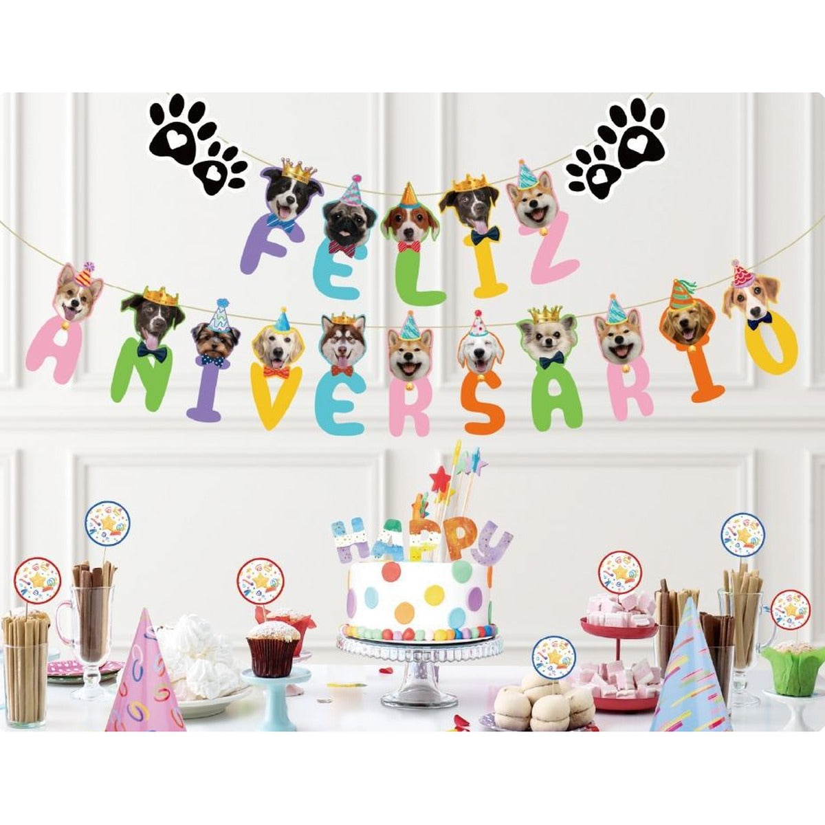 Guirnalda de Papel Feliz Aniversario Perritos 5 m 18 piezas