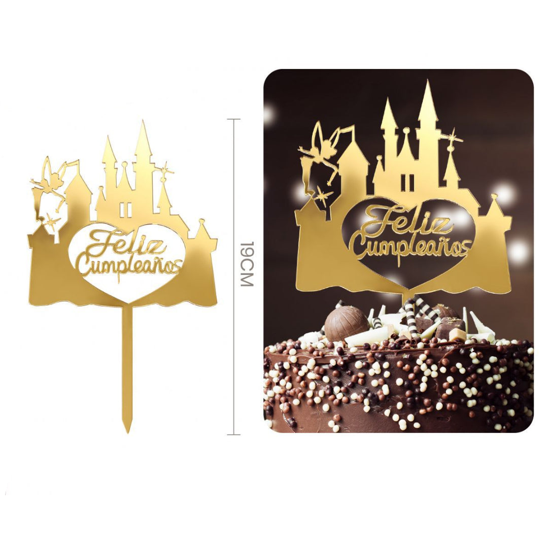 Topper Tarta Feliz Cumpleaños Castillo Dorado 19 cm