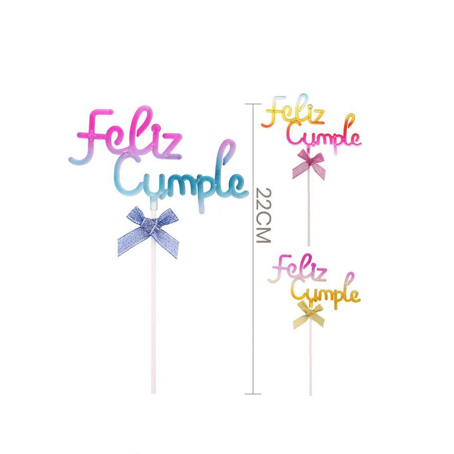 Topper Tarta Feliz Cumple con Lazo 22 cm - Rosa y Azul