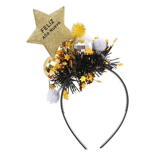 Diadema Feliz Año Nuevo con Estrella, Espumillón y Pompones 26 x 16,5 cm
