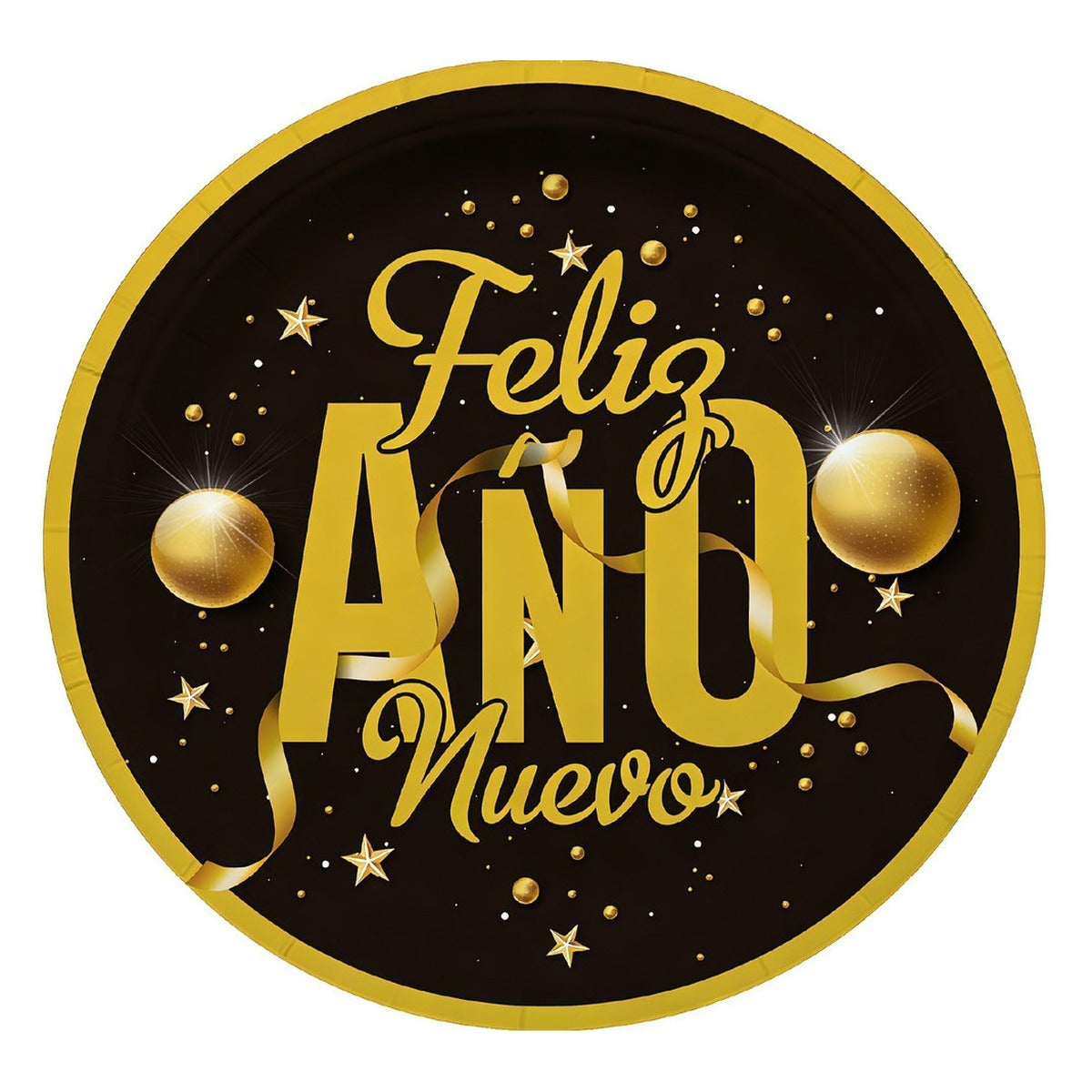 Platos de Papel Feliz Año Nuevo Negro y Oro 22,5 cm 6 uds