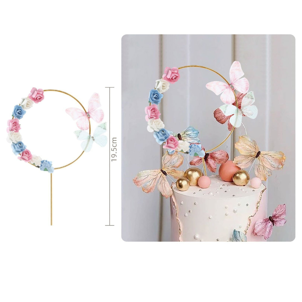 Topper Tarta Aro con Flores y Mariposas 19,5 cm