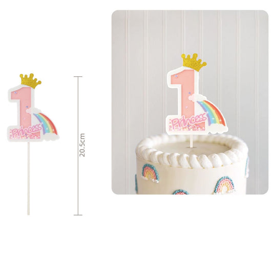 Topper Tarta Número 1 Arcoíris con Corona 20,5 cm - Rosa