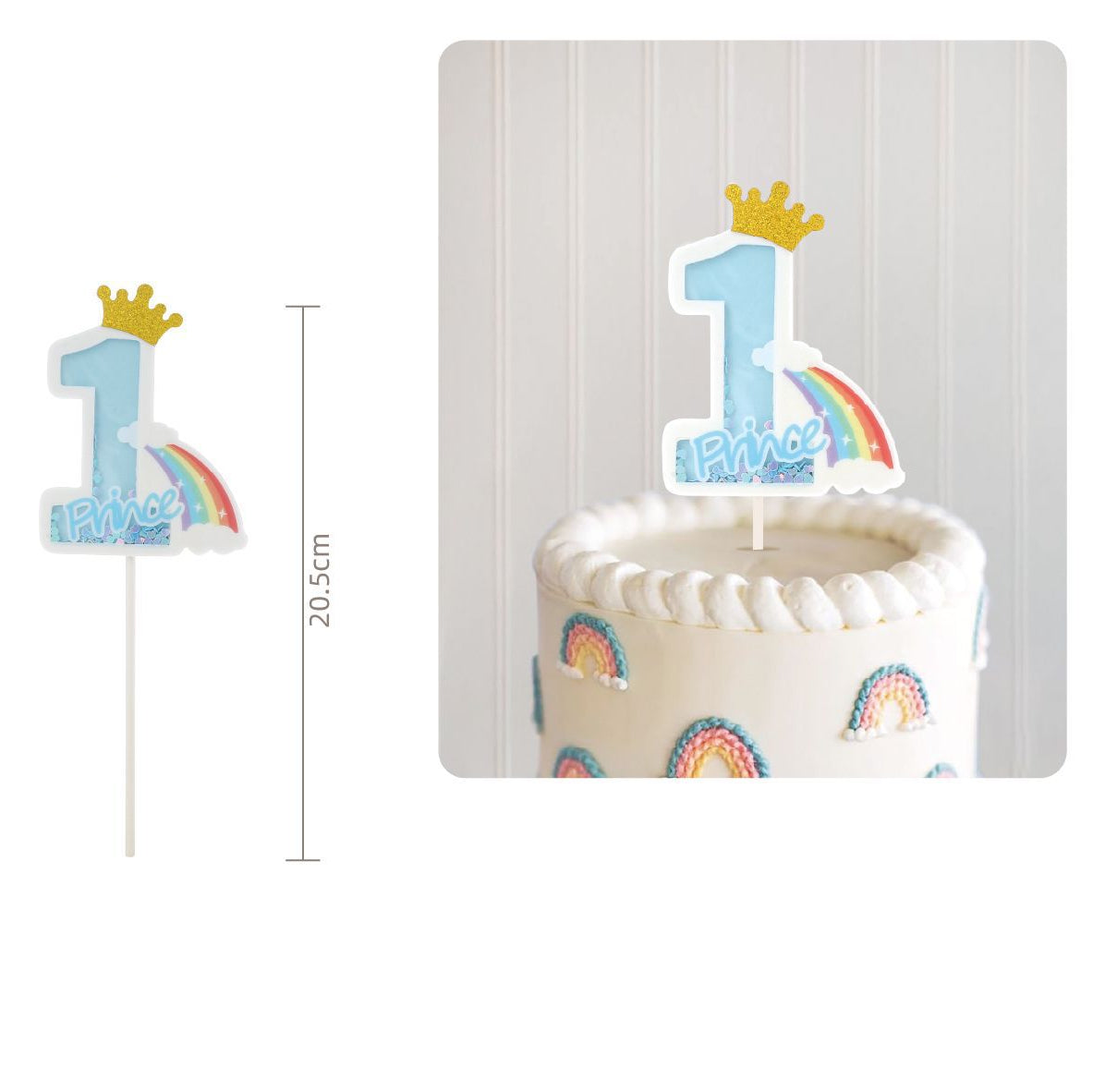 Topper Tarta Número 1 Arcoíris con Corona 20,5 cm - Azul