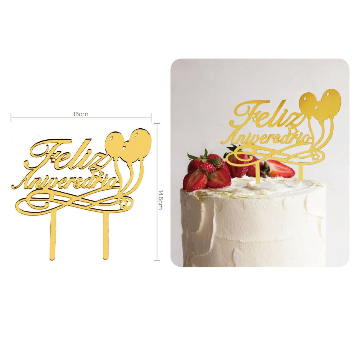 Topper Tarta Acrílico Feliz Aniversário con Globos Dorado 15 x 14,5 cm