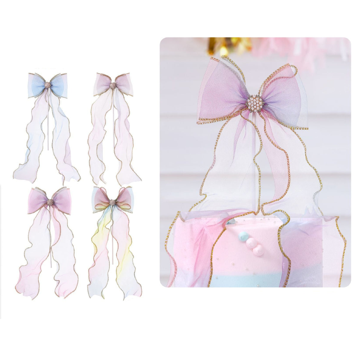 Topper Tarta Lazo de Organza con Perlas 37,2 cm - Azul