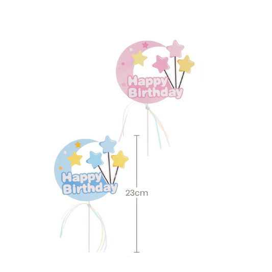 Toppers Tarta Happy Birthday Luna y Estrellas 6 uds 23 cm - Rosa