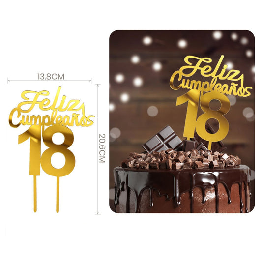 Topper Tarta Acrílico Feliz Cumpleaños 18 Dorado 20,6 cm