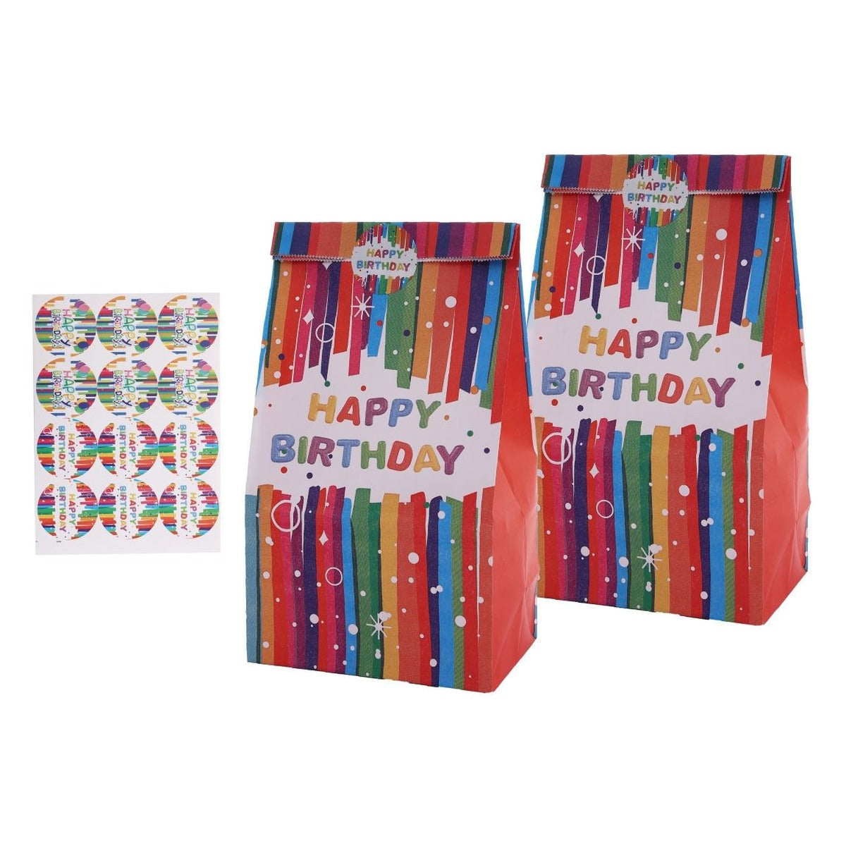 Bolsas de Papel Happy Birthday Rayas Arcoíris con Pegatinas 24 x 13 x 8 cm 6 uds