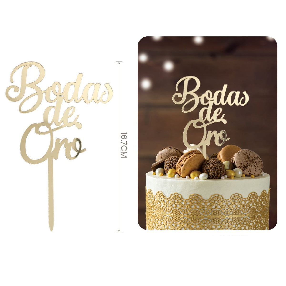 Topper Tarta Acrílico Bodas de Oro Dorado 16,7 cm