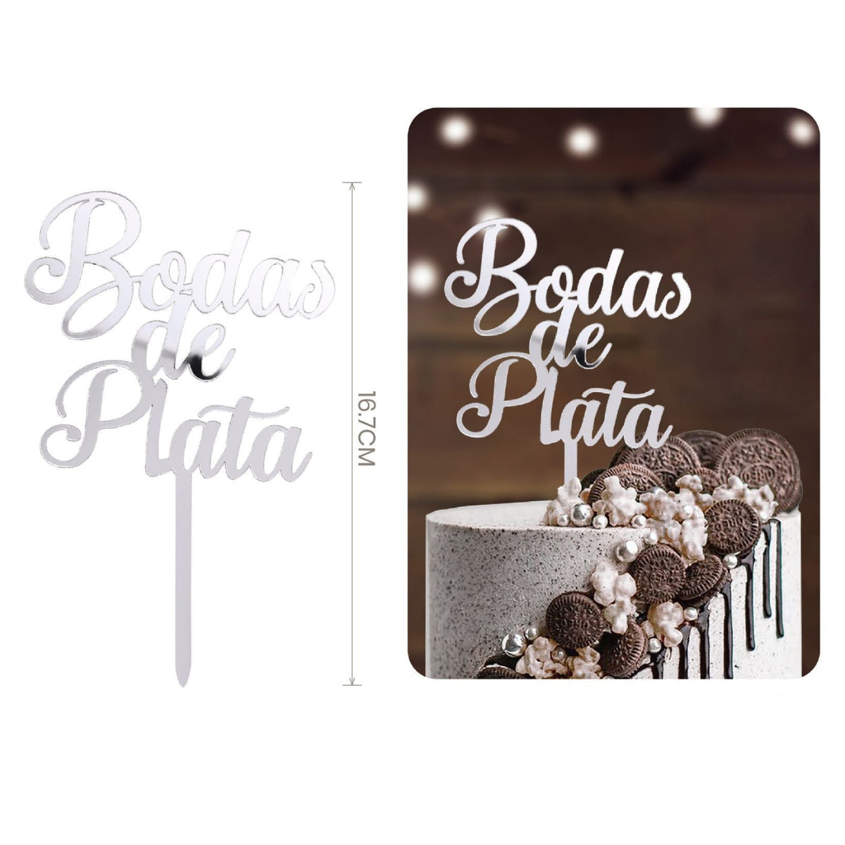 Topper Tarta Acrílico Bodas de Plata Plateado 16,7 cm