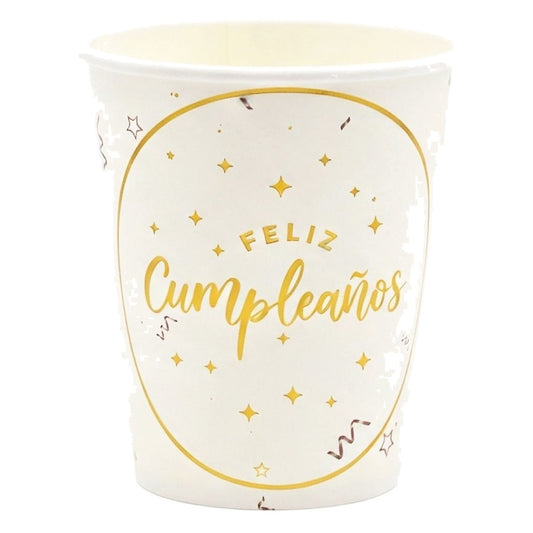 Vasos Papel Feliz Cumpleaños Blanco y Oro 250 ml 6 uds
