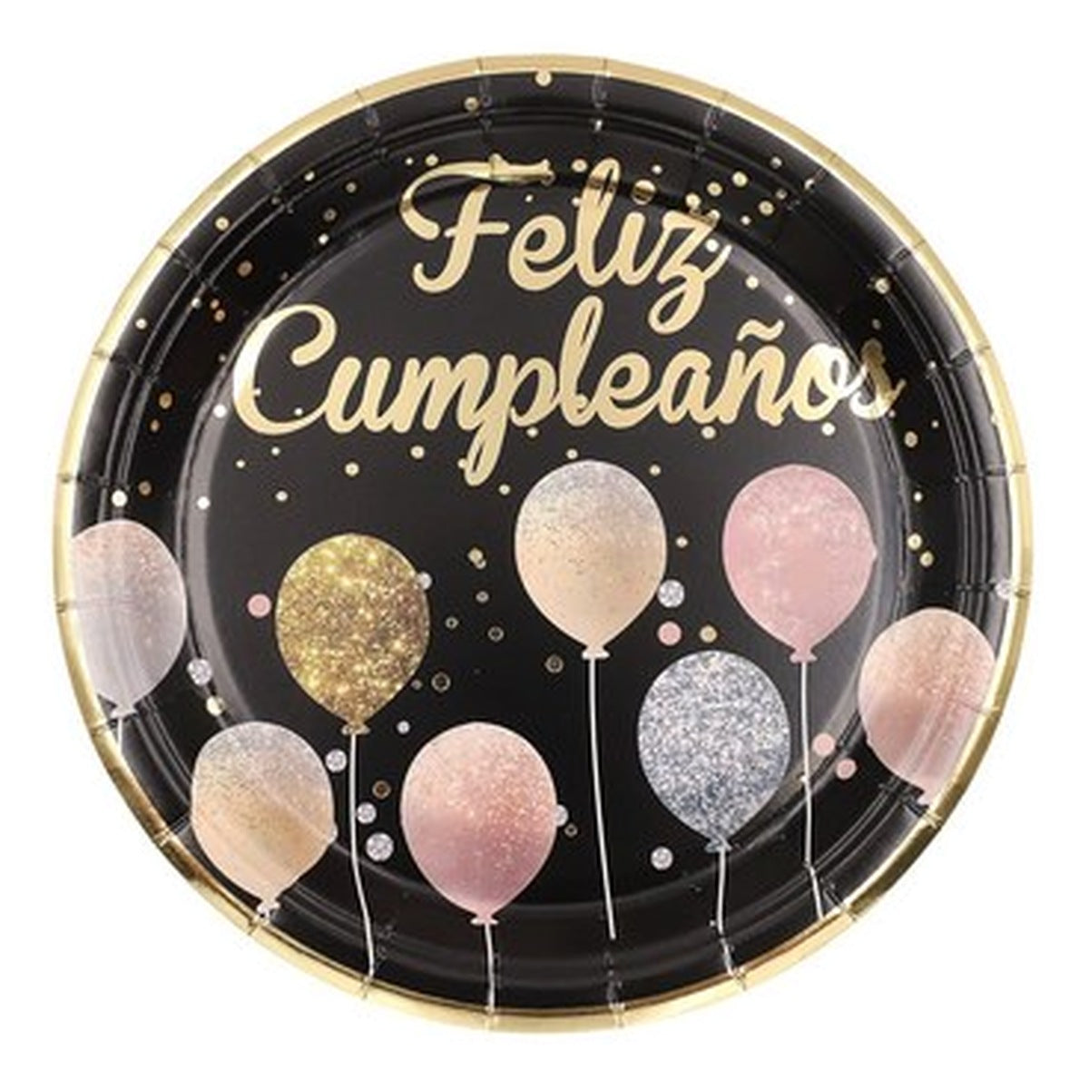 Platos Papel Feliz Cumpleaños Negro con Globos - 23 cm - 6 uds