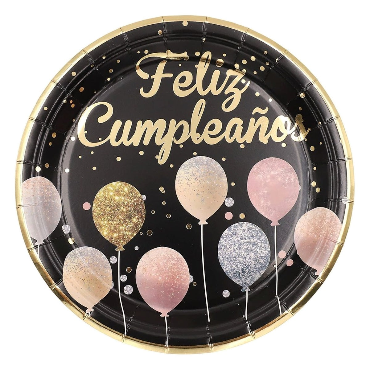 Platos Papel Feliz Cumpleaños Negro con Globos - 18 cm - 6 uds