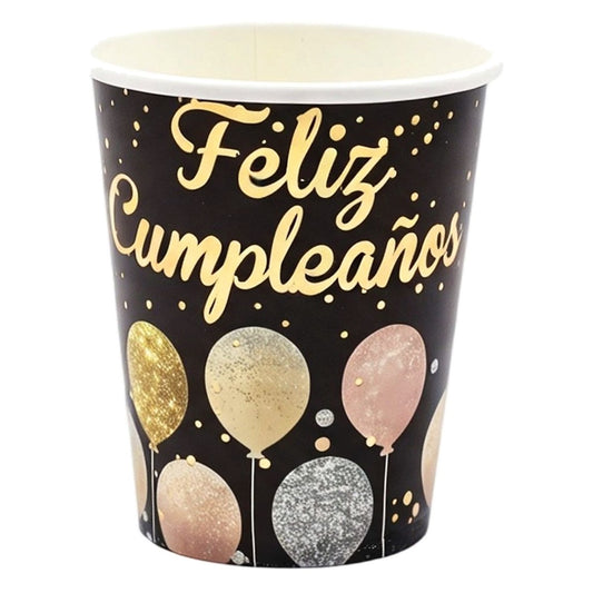 Vasos Papel Feliz Cumpleaños Negro con Globos 250 ml 6 uds