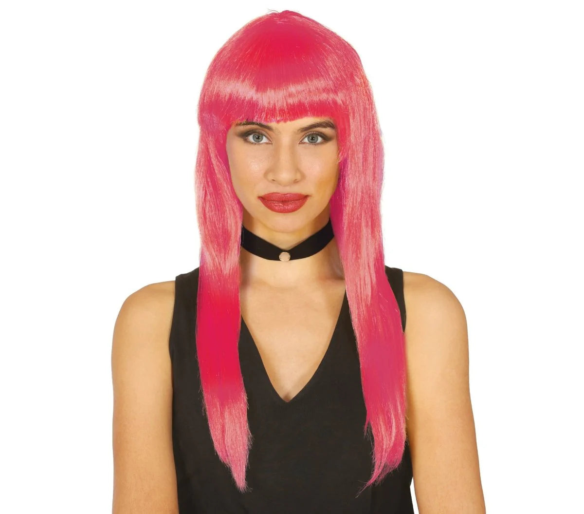 Peluca Rosa con Flequillo Liso