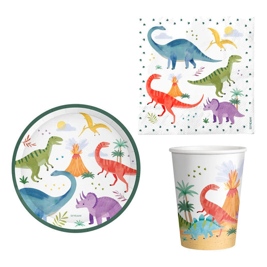 Set Vajilla Baby Dinos: Platos 6 uds, Servilletas 20 uds y Vasos 10 uds