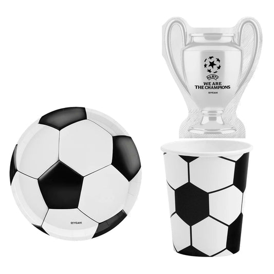 Set Vajilla Fútbol: Platos 6 uds, Servilletas 20 uds y Vasos 10 uds