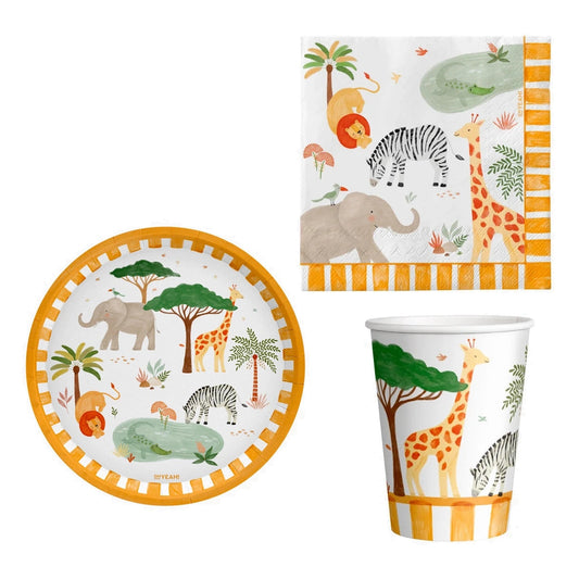 Set Vajilla Mi Primer Safari: Platos 6 uds, Servilletas 20 uds y Vasos 10 uds