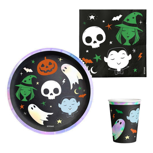 Set Vajilla Halloween Truco o Trato: Platos 8/6 uds, Servilletas 30 uds y Vasos 6 uds